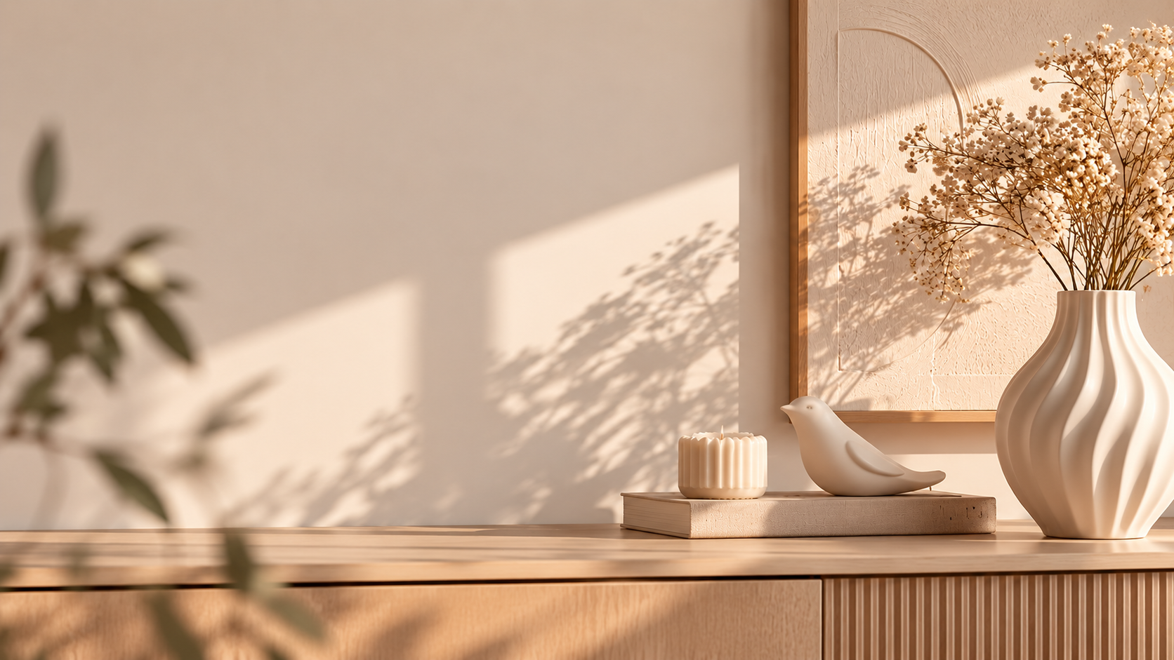 Cenário decorativo com vaso, pássaro e vela