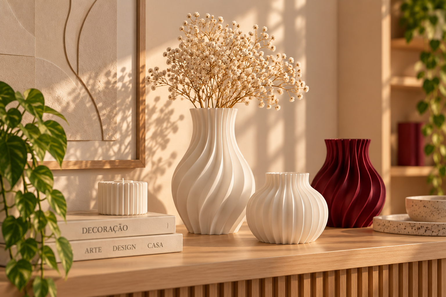 Composição decorativa com vasos e peças em impressão 3D